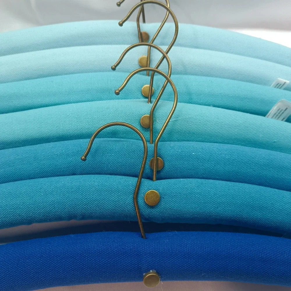 Set of 7 Ombre Blue Padded Cotton Canvas Clothes Hangers Antique Brass Hook